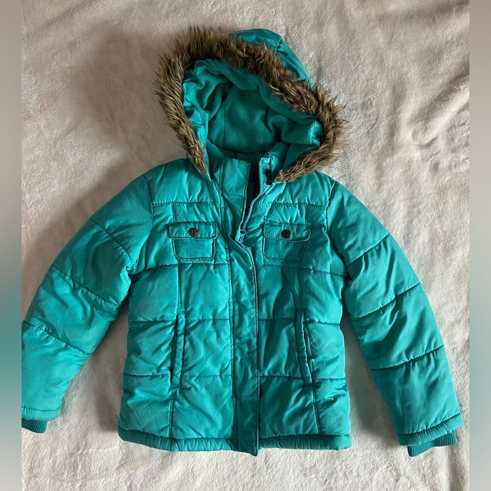 Old Navy Girls Puffer Winter Coat Jacket Faux-fur Hooded Pink Size Sm6-7 girls